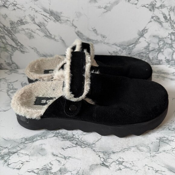Sorel Women 11 VIIBE Suede Cozy Clog Black Comfort Slip On Slide Faux Fur Shoe - Picture 1 of 6